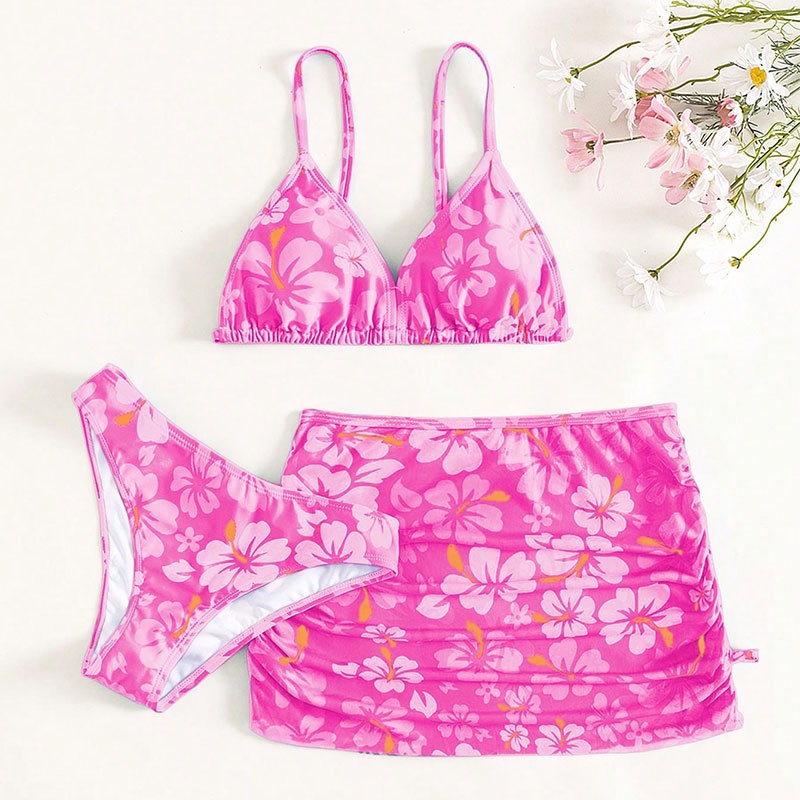 Biquíni juvenil sem bojo 3 peças com saia,Biquíni floral,rosaFatos de banho infantis de verão，6 a 16 anos