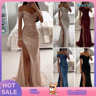 < Quente Sale > Elegante Oferta De Pescoço Em V Ombro Maxi Vestido De Lantejoulas Pregueadas De Manga Curta Baile De Finalistas Slim Sexy Split Longo