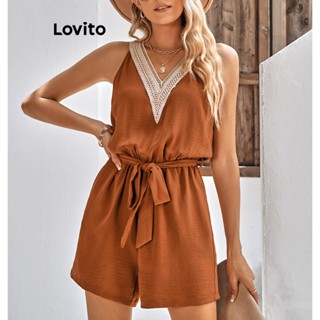 Lovito Macacão Feminino Com Cinto E Costura Em Tecido Patchwork Boho LNL35019 (Mocha Marrom/Verde Escuro)