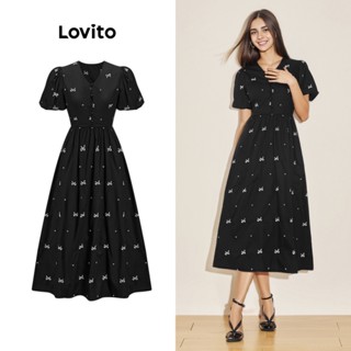 Lovito Vestido com Mangas Bufantes, Amarração e Botão de &Frutas& e &Vegetais& para Mulheres L61AD075 (Preto)