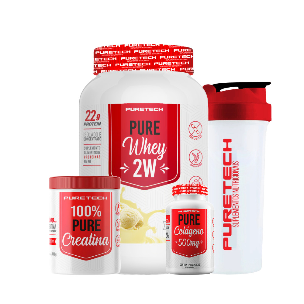 Kit Whey Pure 2W 900g + Colágeno 120Caps + Creatina 100% Pura 300g + Coqueteleira PURETECH