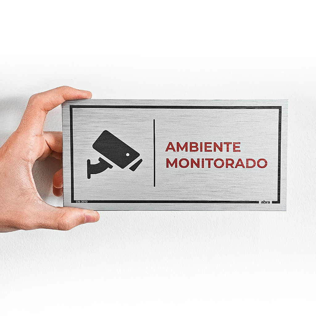 Placa de Sinalização Ambiente Monitorado 20x10cm Adesivo de Aço Escovado Para Escritório Comércio em Oferta na Shopee