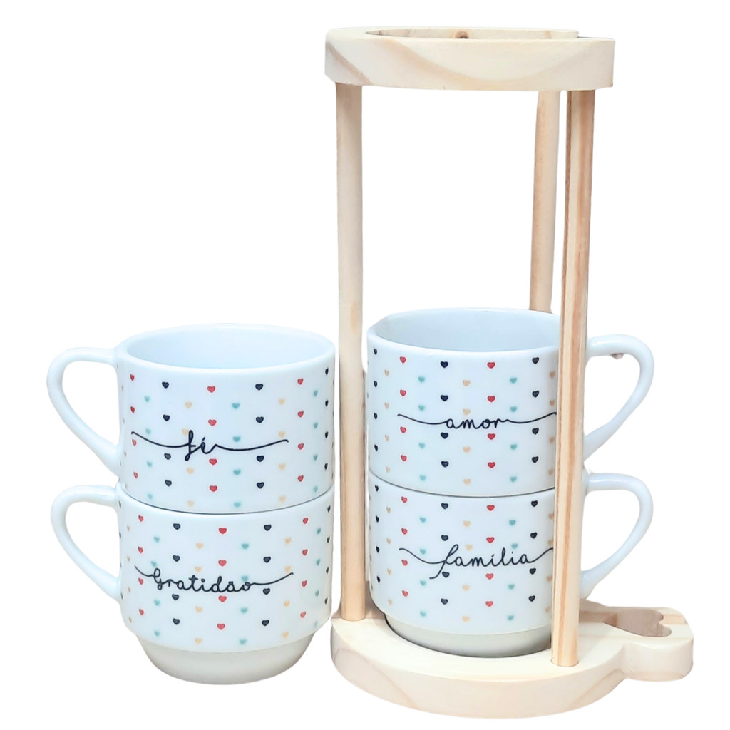 Kit Jogo 4 Xicaras Café Chá hotel 200ml Empilháveis com suporte pinus - Poá Colorido Frases em Oferta na Shopee