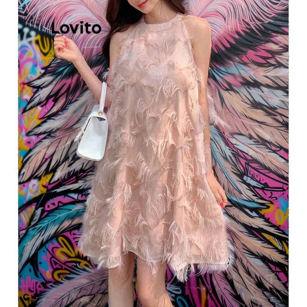 Lovito Vestido Elegante Com Franja Lisa E Camada Dupla Jacquard Para Mulheres L80ED039 - Women Clothes