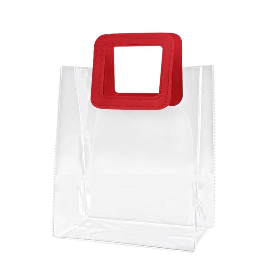 Sacola Transparente PVC com Alça Quadrada de Couro Vermelho - 26x22x12cm - 1 unidade - Rizzo - Home & Living