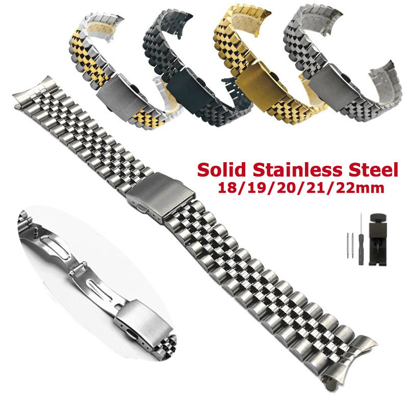Pulseira De Relógio De Aço Inoxidável Sólido 18mm 19mm 20mm 21mm 22mm Extremidade Curvada Universal 5 Contas Para Jubile em Oferta na Shopee