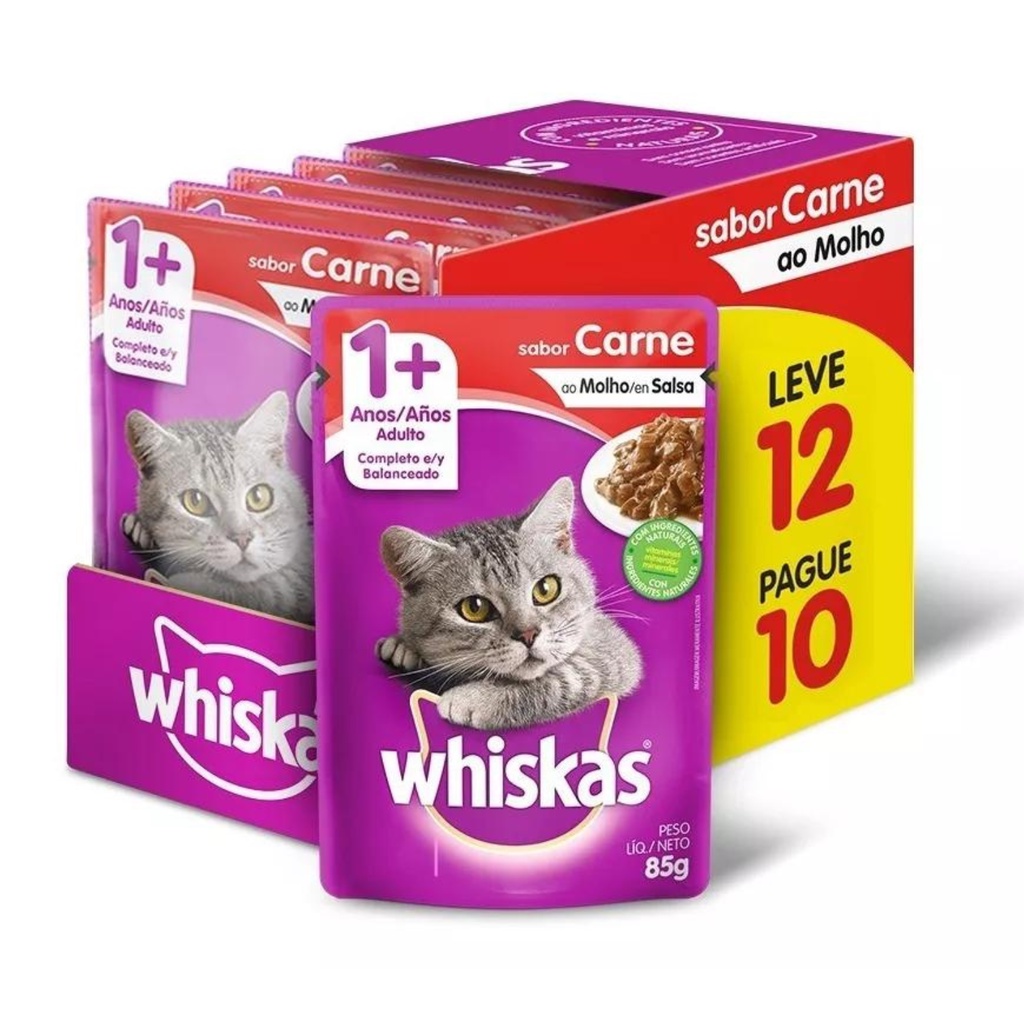 Caixa com 12 Whiskas Sachê Gatos Sabor Carne ao Molho 85g