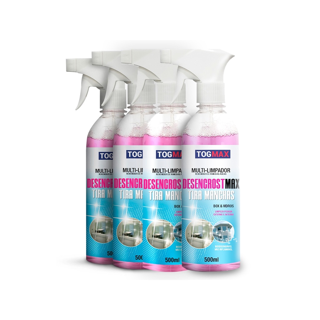 Kit 4 Desencrost Max Tira Manchas Desembaça Desengordura 500ML Limpador Removedor Sujeiras Espelhos E Vidros Limpa Box Banheiro Janelas Portas Togmax