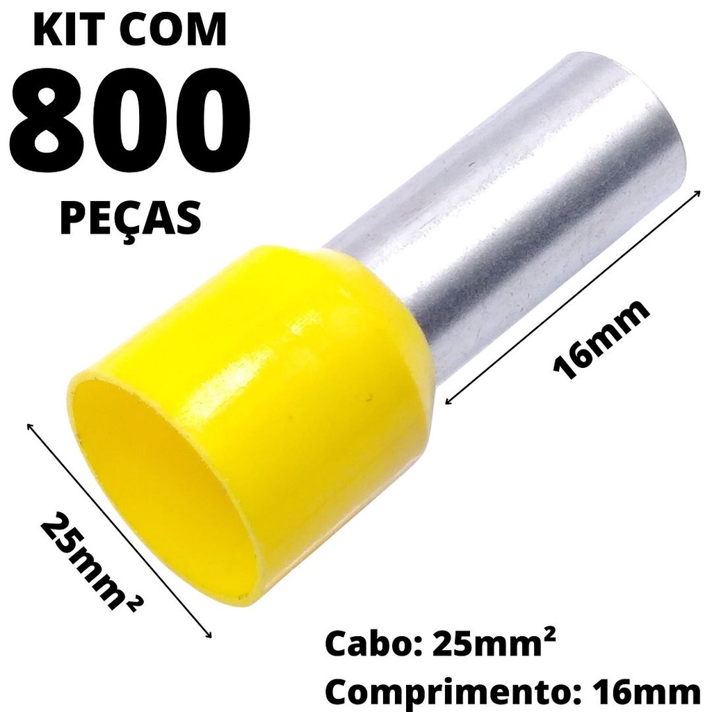800un Terminal Tubular Ilhós Pré-isolado Simples Para Cabo de 25mm² Metal 16mm Amarelo E25-16