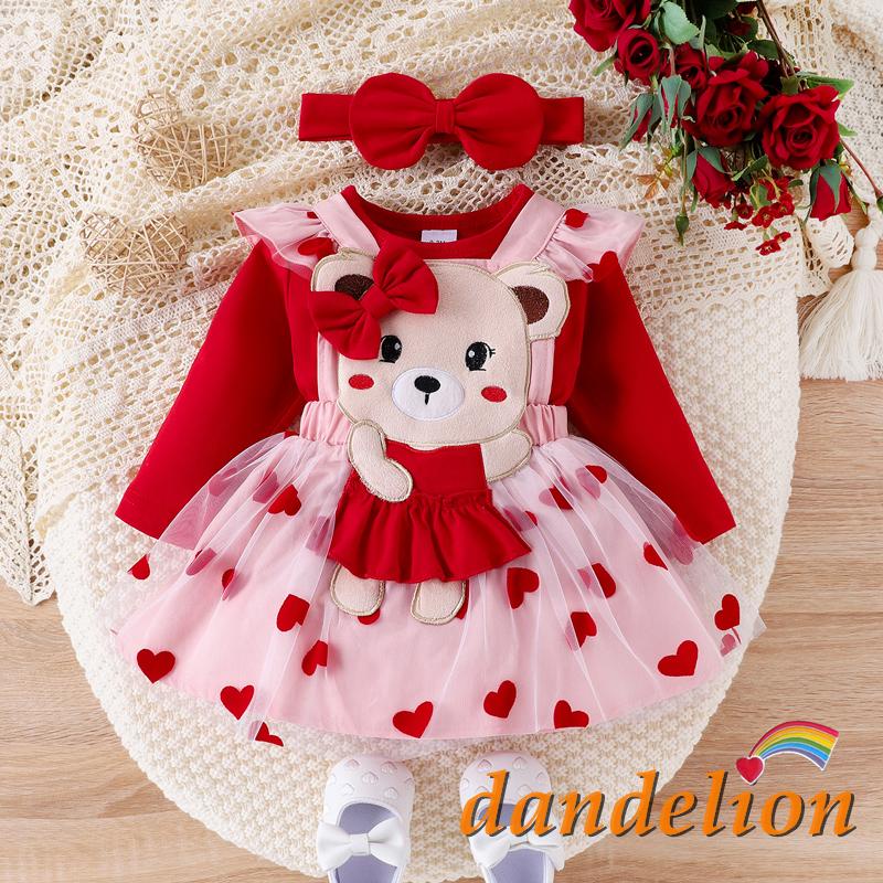 Conjunto de roupa 3psc para bebé infantil menina de 0-18 meses: Macacão de manga comprida + saia suspensório de coração + Faixa de Cabeça