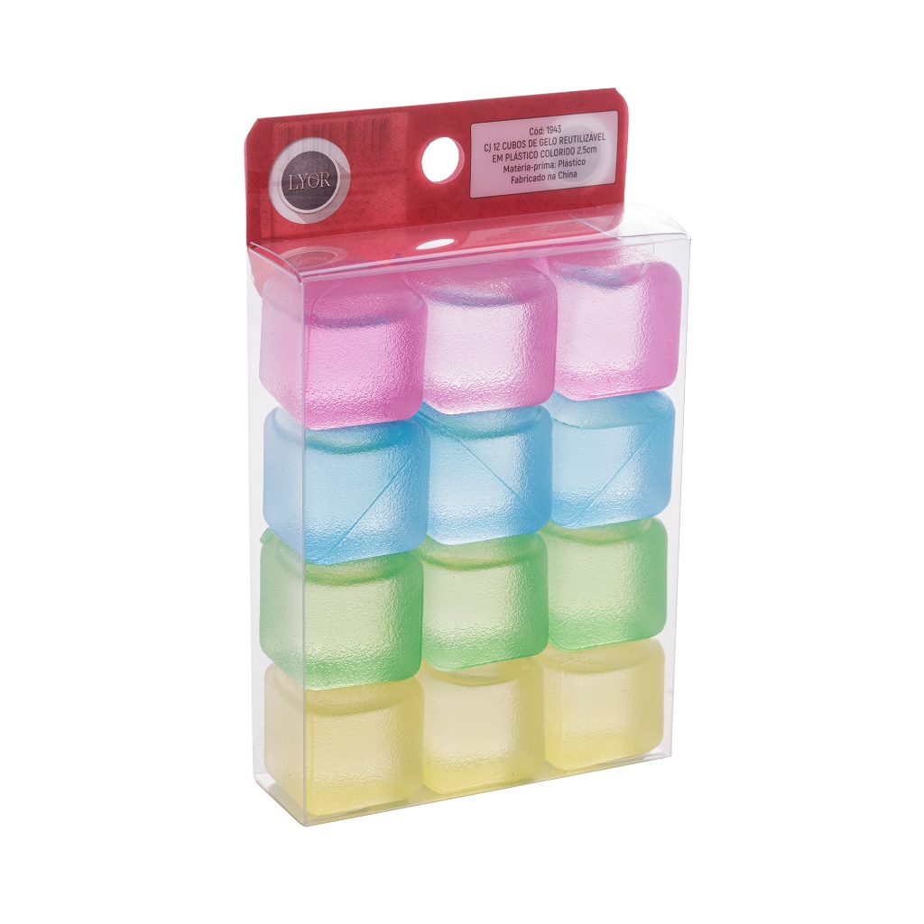Conjunto 12 Cubos de Gelo Reutilizável em Plástico Colorido 2,5cm Lyor Gelo Plástico Bebidas Drinks
