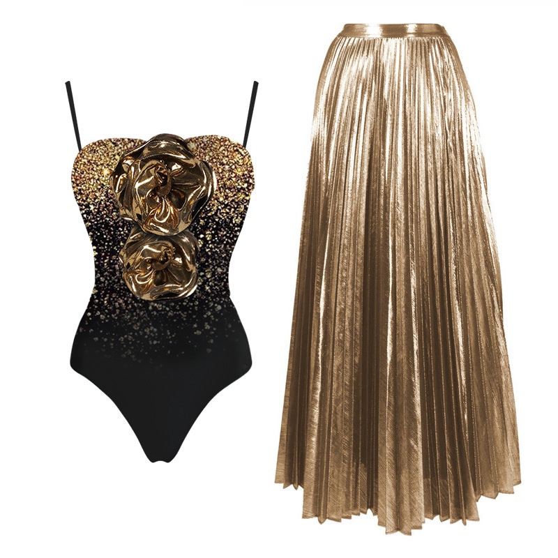 Maiô feminino biquíni Roupa de banho de alta saida para mulheres Swimsuit floral com lantejoulas estampadas conjunto de