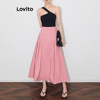 Lovito Casual Saia Feminina Lisa Plissada L67AD142 (Rosa/Preta)