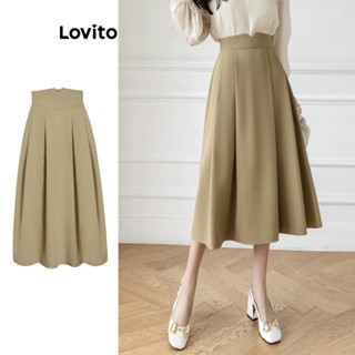 Lovito Casual Saia Feminina Lisa Plissada L68ED096 (Cáqui)