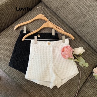 Lovito Shorts Casuais De Metal Com Bolso Liso Para Mulheres LNE34088 (Branco/Preto)
