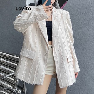 Lovito Blazer Casual Com Bolso Frontal Com Botão Liso Para Mulheres LNA35031 (Branco/Preto)
