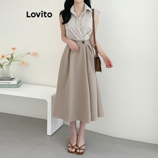 Lovito Elegante Vestido Feminino Listrado Falso 2-em-1 com Botão LNA25031 (Damasco)