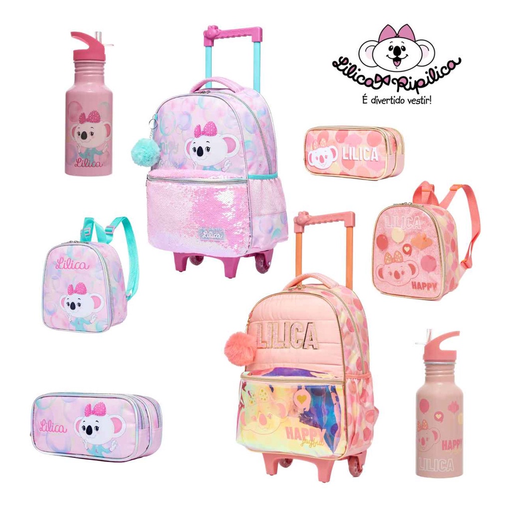 Mochila De Rodinha Lilica Estojo Duplo Lancheira Garrafinha