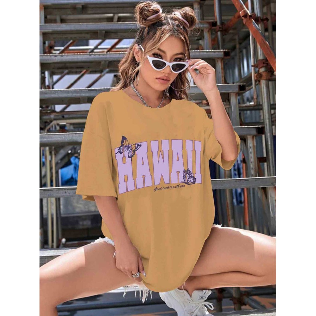 Camiseta Hawaii Butterfly Borboleta Estampada Bordada Camisa Confortável Oversized Academia Casual