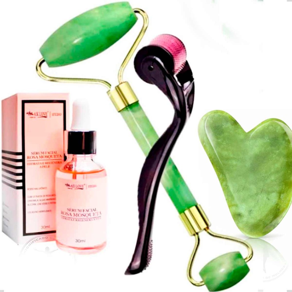 Massageador Pedra de Jade + Sérum Rosa Mosqueta + Derma Roller + GuaSha Antirugas