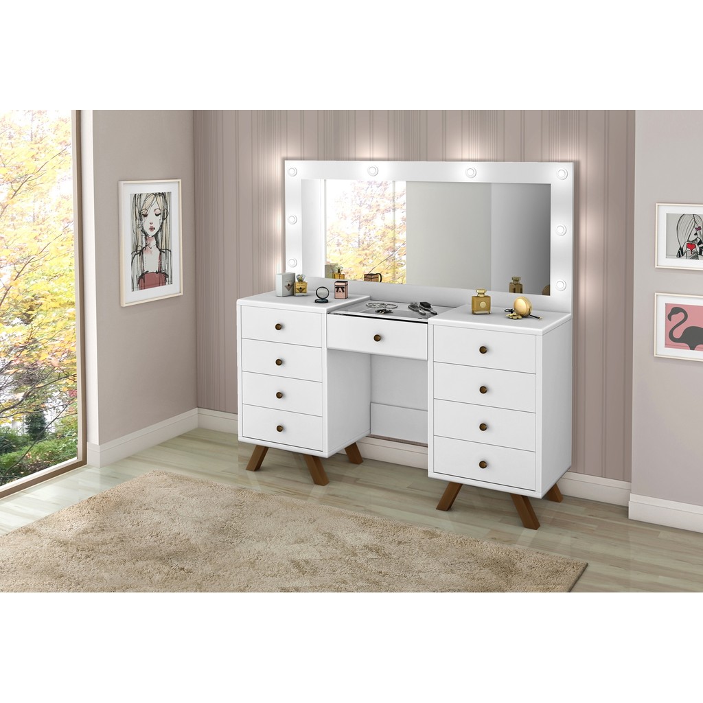 Penteadeira Camarim 9 Gavetas Retro Mila  C/led -Espelho- Gaveta Maquiagem  -Branco
