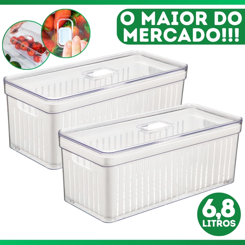 Kit 2 Organizador De Geladeira 6 Litros Cesto Com Tampa Multiuso Alimentos Verduras ou Vegetais