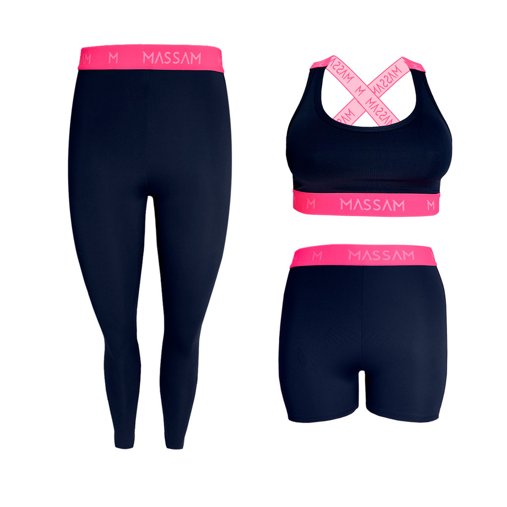 Conjunto Legging Short e Top Marinho Com Pink Massam Fitness