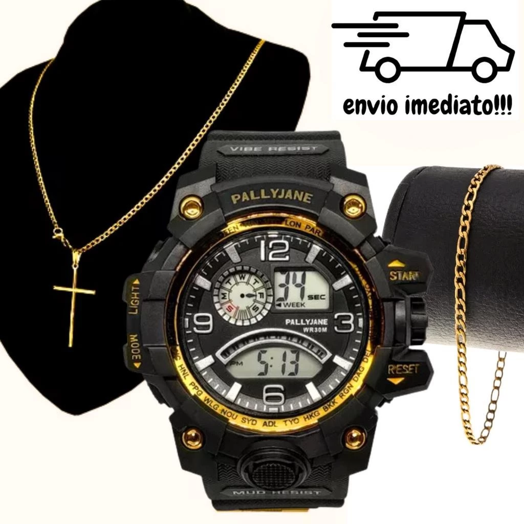 Kit Relógio Digital Esportivo Masculino + Corrente Cruz e Pulseira Aço Inoxidavel
