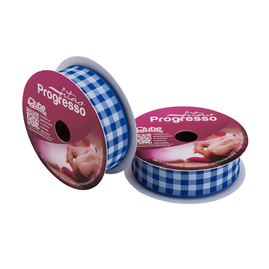 Fita de Cetim 10m x 22mm - Cor 214 - Xadrez Azul Royal - Rolo 10 metros  - 1 unidade - Progresso - Rizzo em Oferta na Shopee