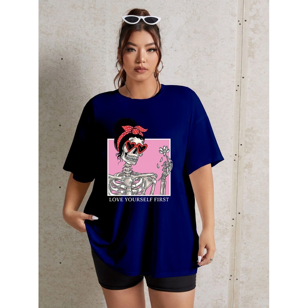 Camiseta Oversized Feminina Estampa Caveira Óculos Coração Love Yourself First Streetwear Aesthetic