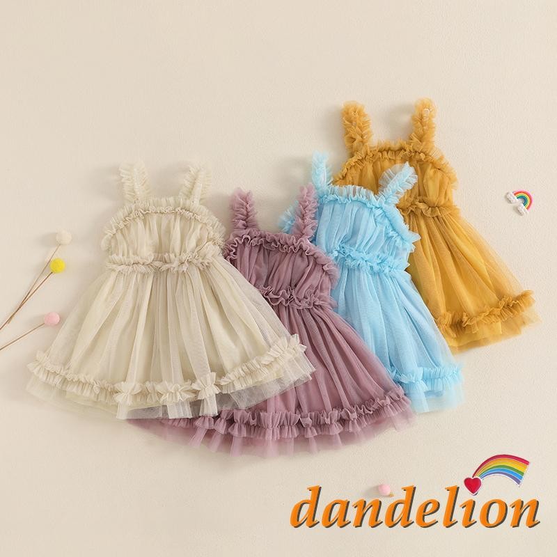 Vestido De Tule De Verão Para Meninas De 6 Meses A 4 Anos , Cor Sólida , Sem Mangas , Malha Casual , Babados , Linha