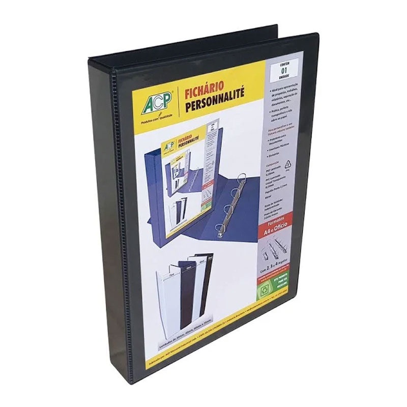 Fichário revestido com cristal A4 preto 40mm 3344PT com 4 argolas ACP