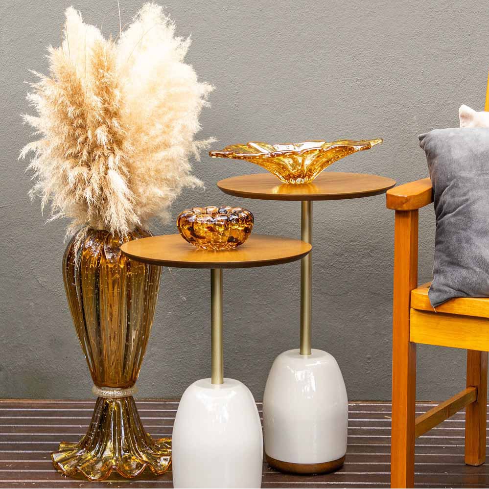 centro de mesa de murano folha de cacau ambar grande 42cm