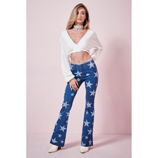 Calça Feminina Jeans Flare Estrelas Planet Girls Jeans Médio