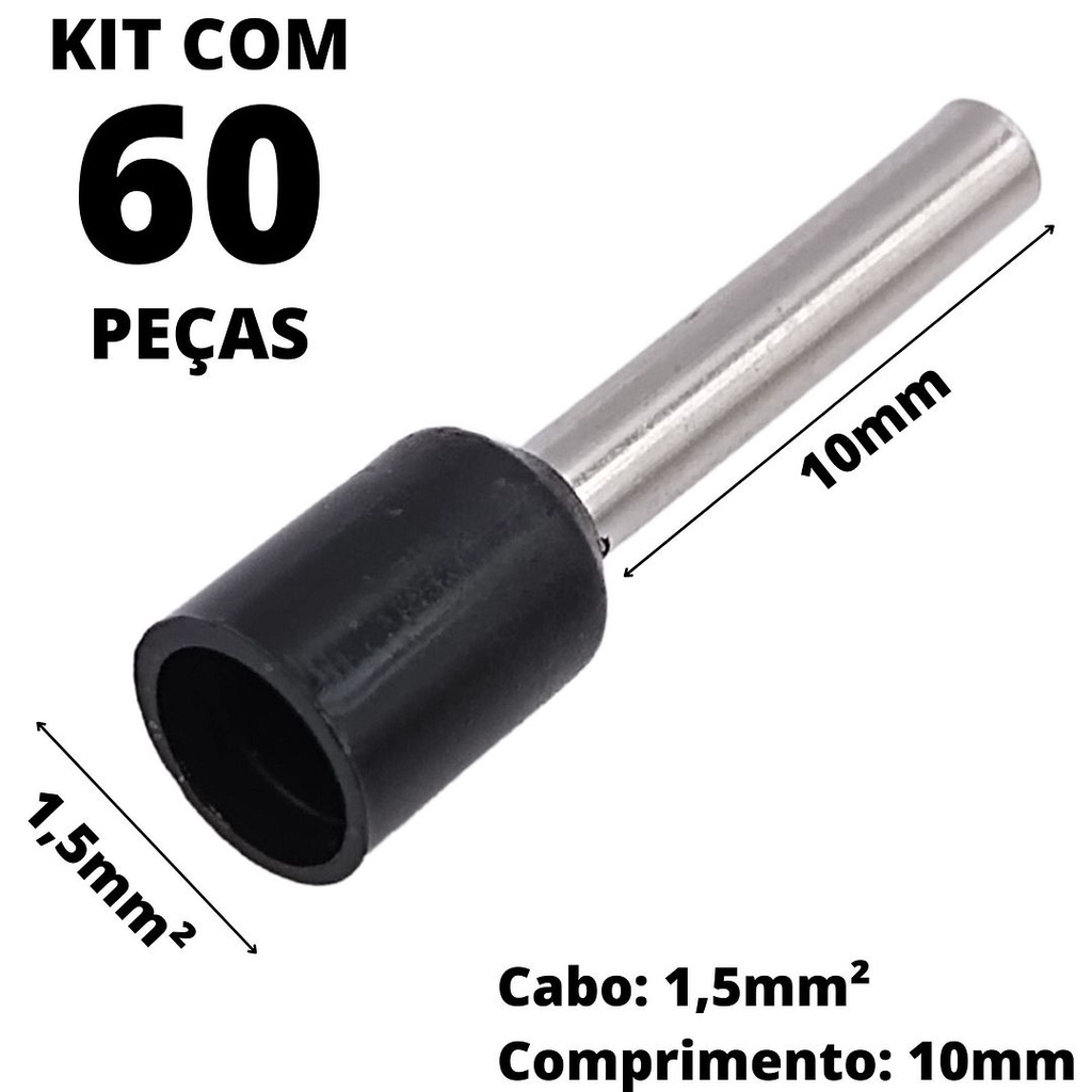 60un Terminal Tubular Ilhós Pré-isolado Simples Para Cabo de 1,5mm² Metal 10mm Preto E1510
