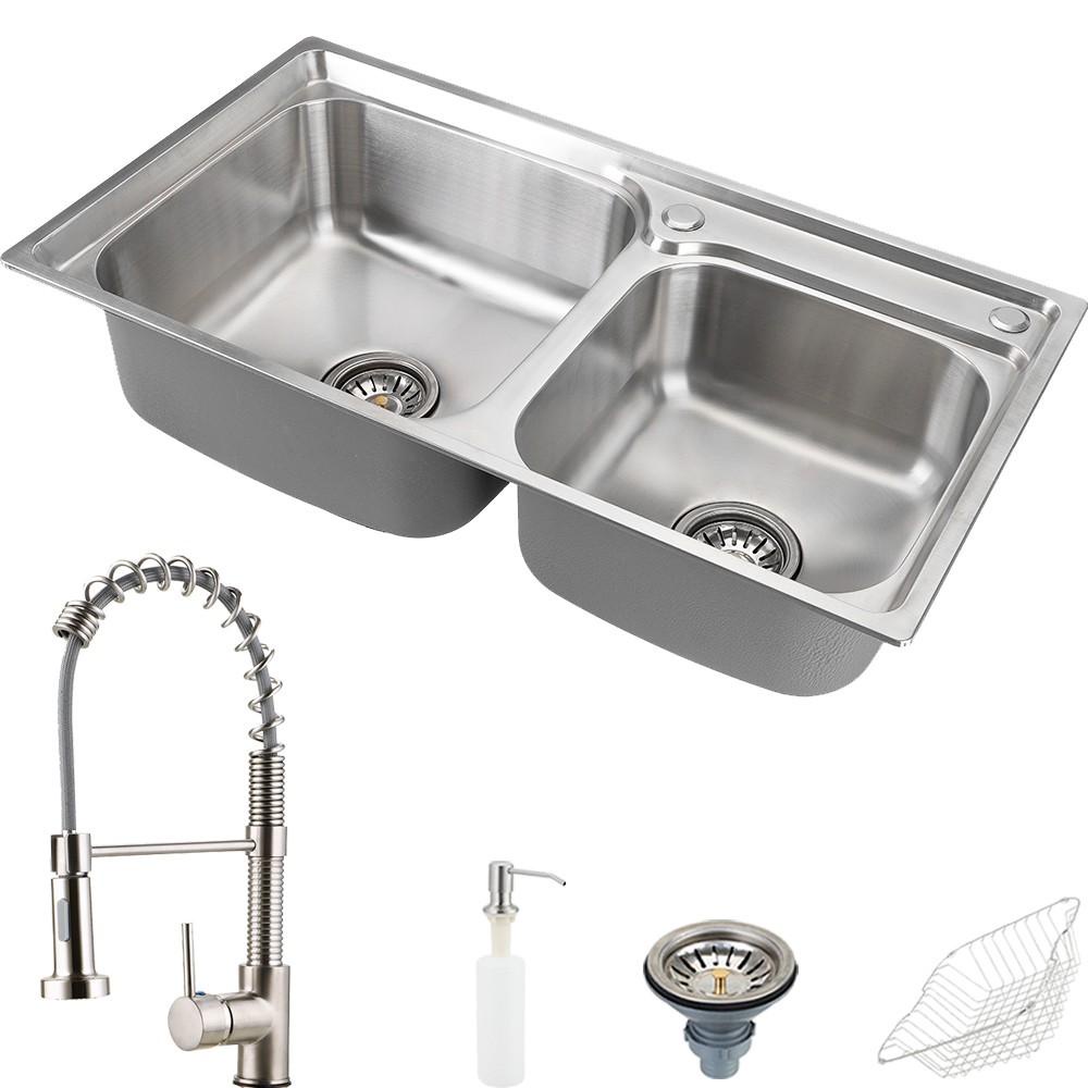 Cuba para cozinha pia dupla com acessórios Ticunas e Torneira monocomando gourmet Jari Pingoo - Escovado - Home & Living