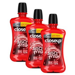 Kit 3 Enxaguante Bucal Closeup Red Hot Proteção 360° Fresh Zero Álcool Leve 500ml Pague 350ml