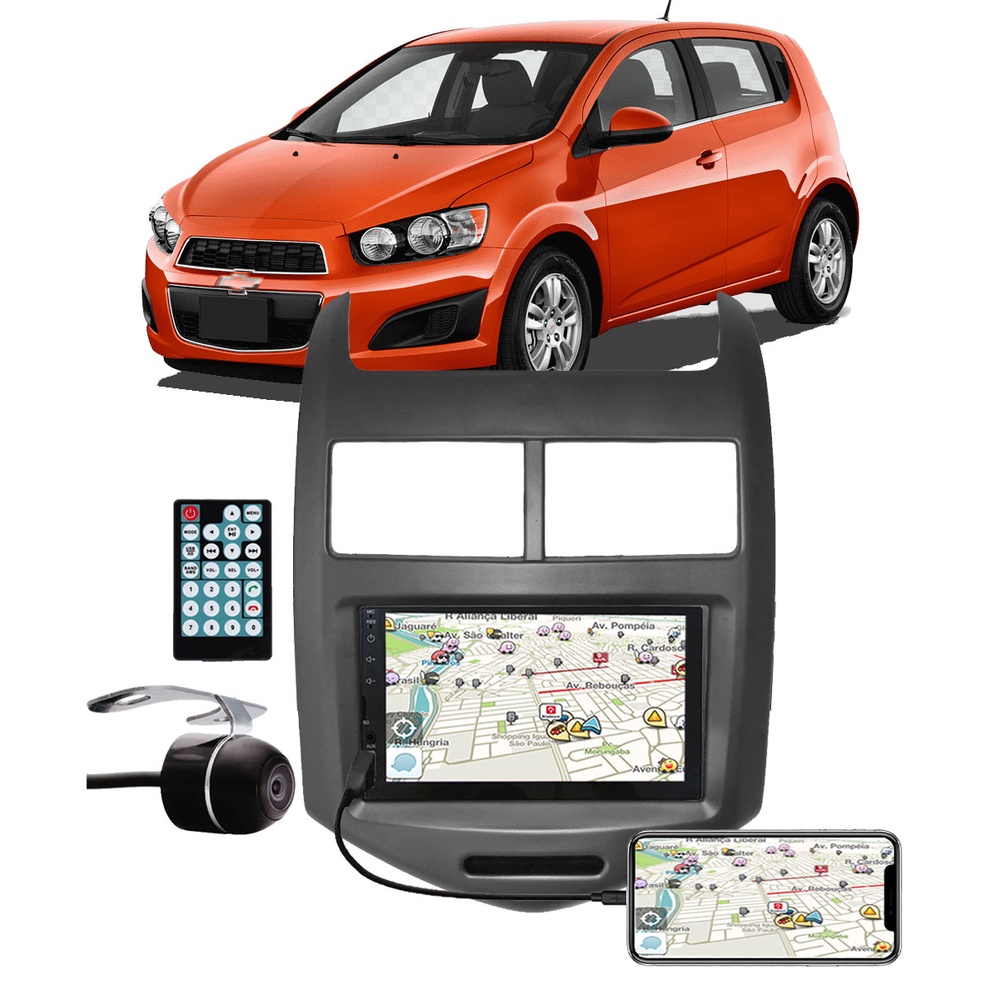 Multimídia Gm Sonic Hatch/Sedan Espelhamento Bluetooth USB SD Card + Moldura + Câmera Borboleta