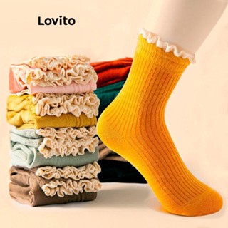 Lovito Meias Casuais De Renda Lisa Para Mulheres LNE38155 (Café/Laranja/Rosa/Amarelo)