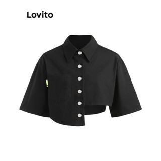 Lovito Blusa com Botões Frontais Assimétricos e Bolso Falso de Tecido Liso para Mulheres L61AD031 (Preto)
