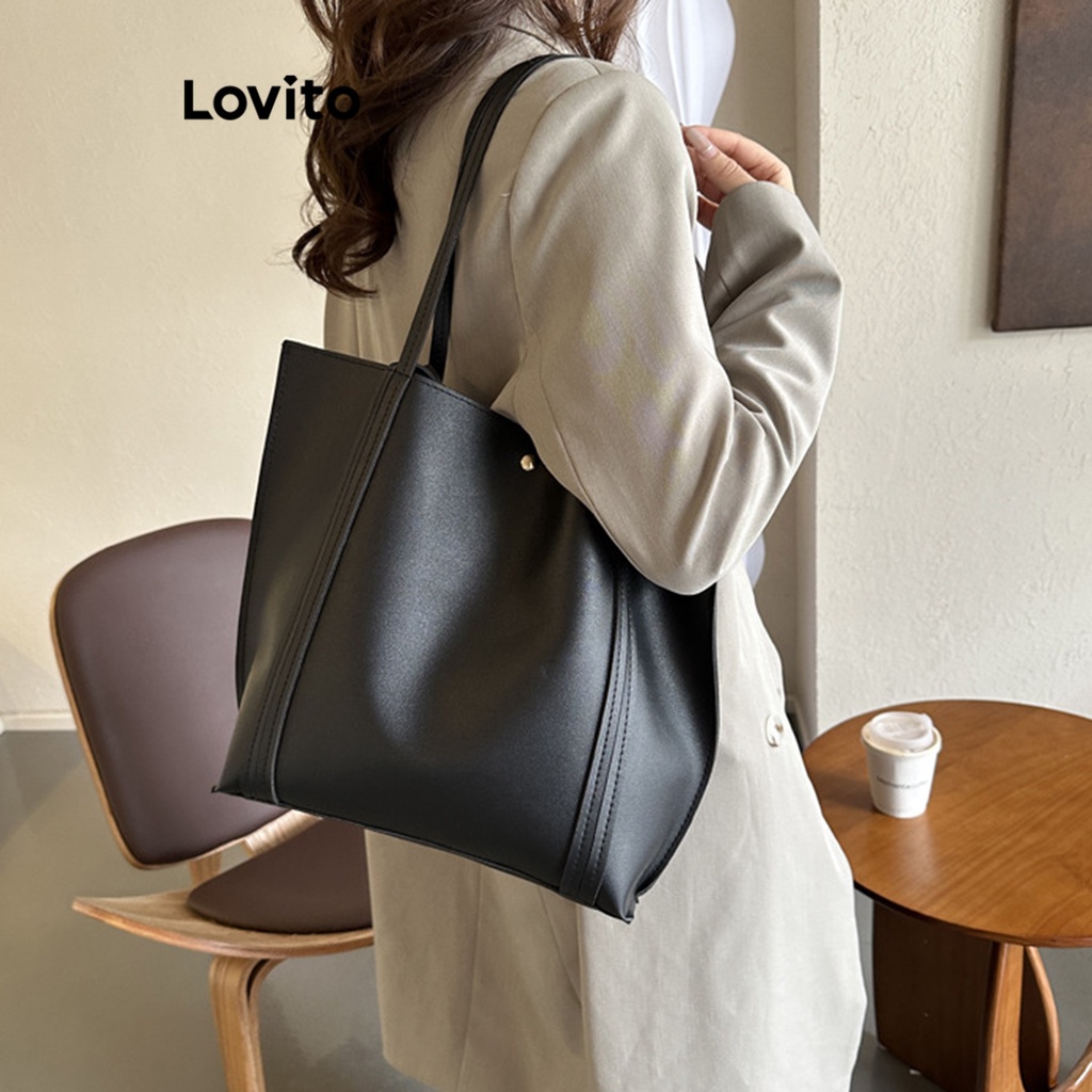 Lovito Bolsa De Ombro Básica Lisa Casual Para Mulheres LFA04002 (Café/Branco/Preto)