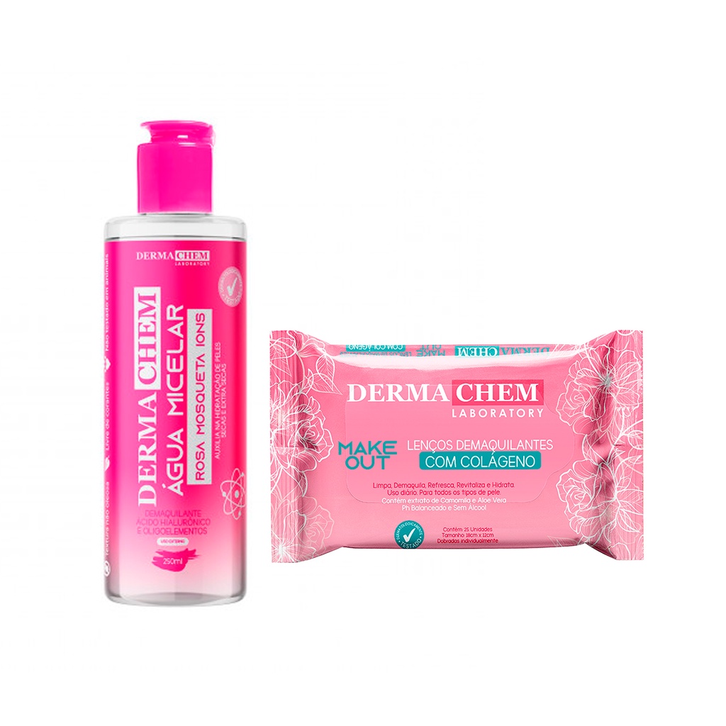 Dermachem Kit 2un - 1un Lenço Demaquilante Make Out Colágeno + 1un Água Micelar Rosa Mosqueta