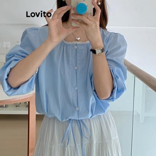 Lovito Blusa Casual Listrada Com Babados E Botão Para Mulheres LNE39544 (Azul)