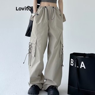 Lovito Casual Calça com Bolsos e Cordão para Mulheres LNA21120 (Caqui)