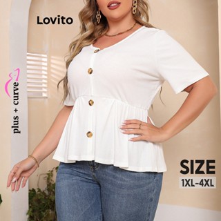 Lovito Camiseta Feminina Plus Size Curva Casual Com Botão Liso Frontal LNL37064 (Branco)