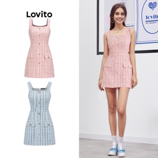 Lovito Vestido de Xadrez com Falso Bolso e Zíper para Mulheres L58AD103 (Rosa)