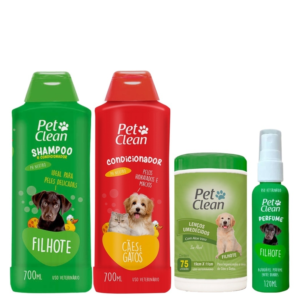 Kit para FIlhotes com Shampoo Condicionador Lenço e Perfume para Cães