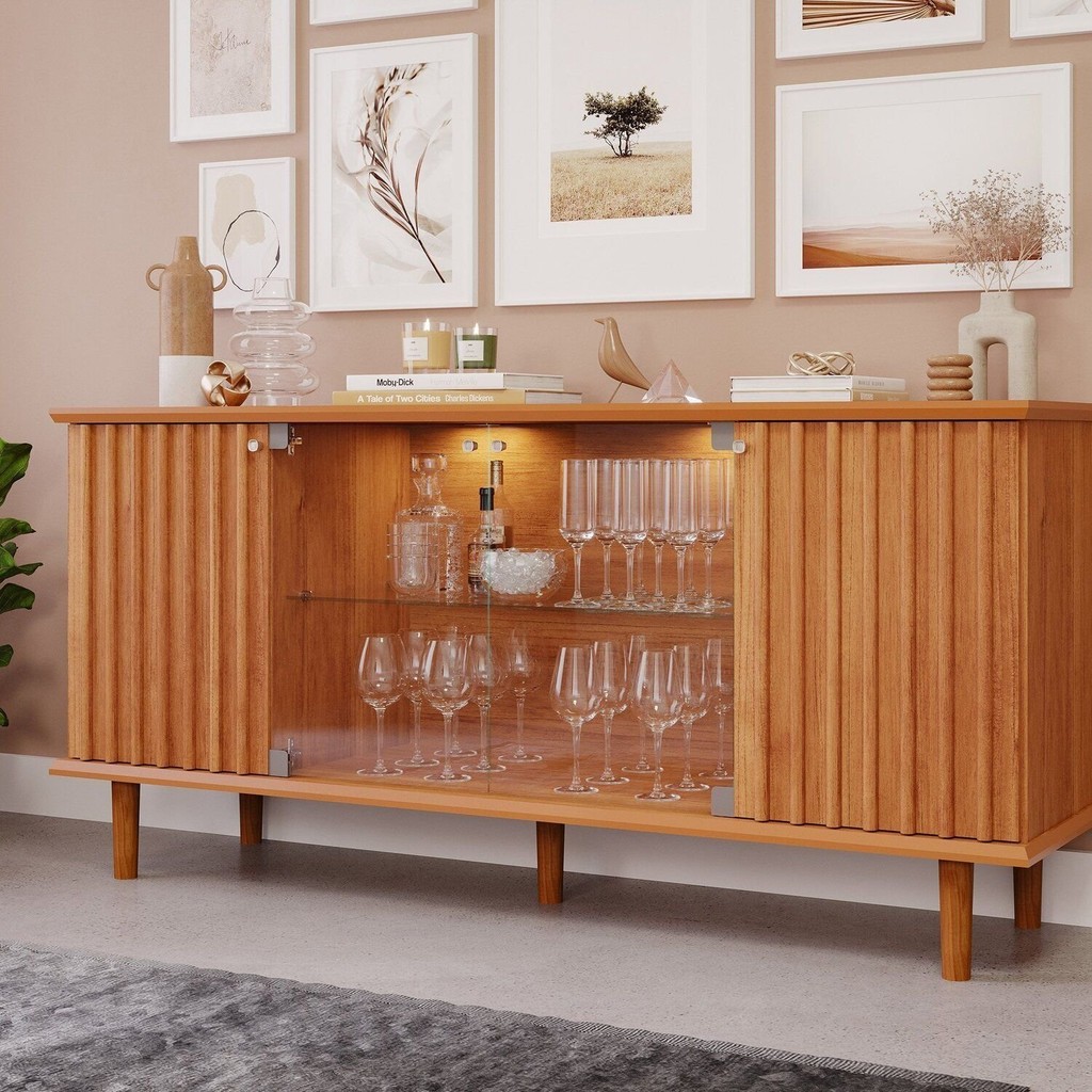 Buffet de Sala de Jantar 4 Portas com LED e Pés em Madeira Maciça Janice Cinamomo em Oferta na Shopee