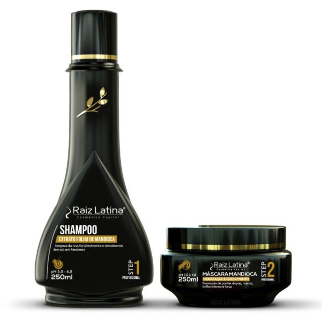Kit extrato folha de Mandioca Shampoo E Máscara hidratação 250ml Raiz Latina