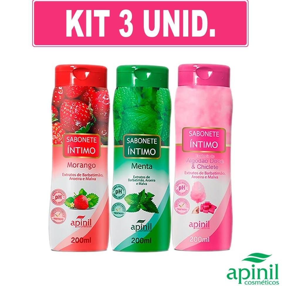 Kit com 3unun Sabonetes Apinil Íntimo Aromático Líquido (Morango + Menta + Algodão Doce)
